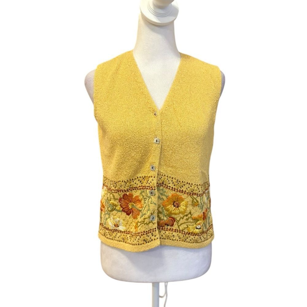 Talbots Vintage Sweater Vest Yellow Floral Leaf Fall Embroidered Womens Small